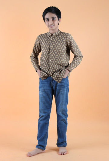 Abe Khaki Ajrakh Print Cotton Super Short Kurta